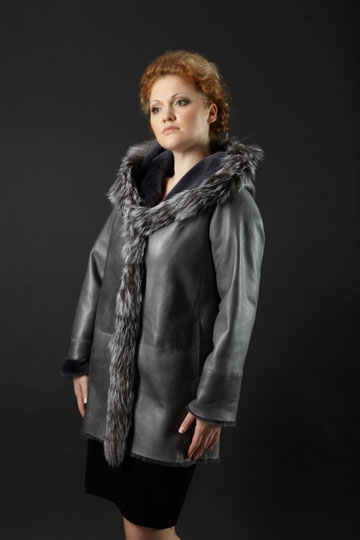 Женская дубленка с чернобуркой и капюшоном  606К серая цвет Рыжий, Коричневый, Черный фото