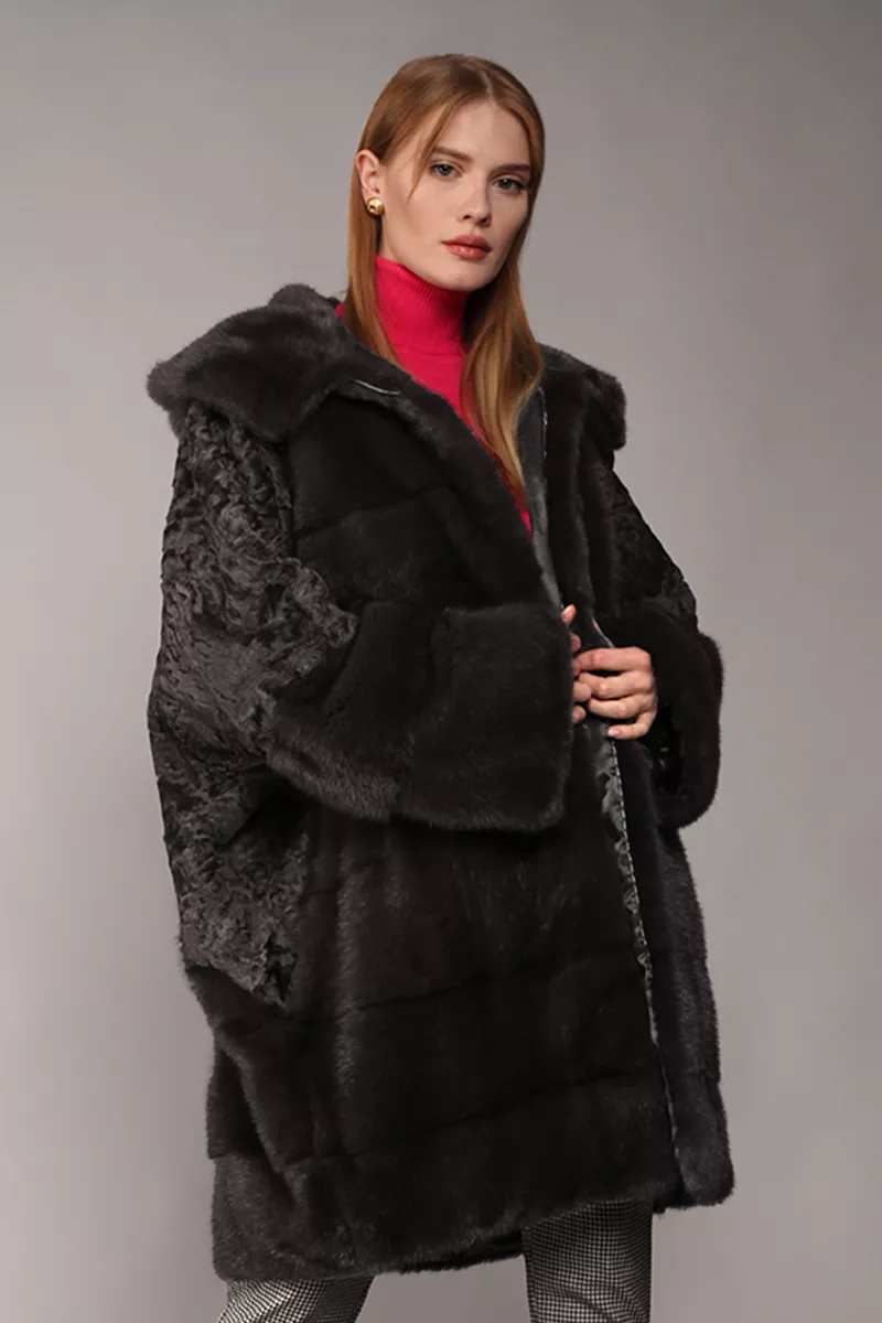 Норковая шуба серая с каракулем  ШД-204 к цвет  фото